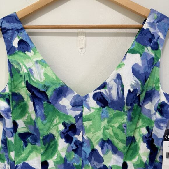 NWT Chaps Baja Blue Green Floral Print Sleeveless A-Line Dress Sz 16 Travel Boss - Picture 3 of 8